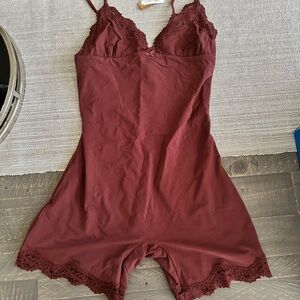Elegant Burgundy Lace Trim Romper